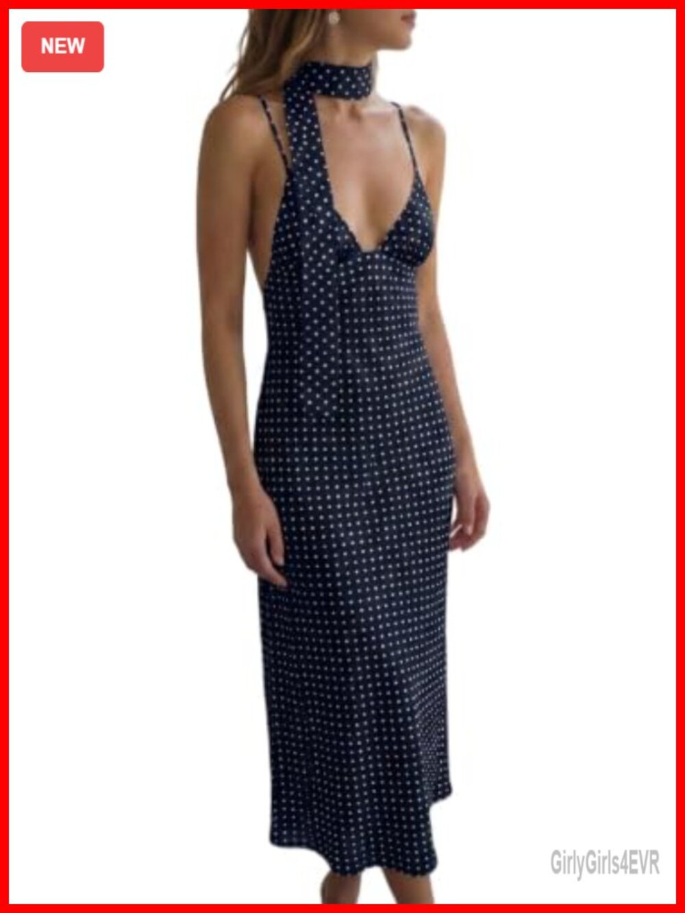 Women Summer V Neck Backless Polka Dot Maxi Dress with Scarf Chiffon Vacation